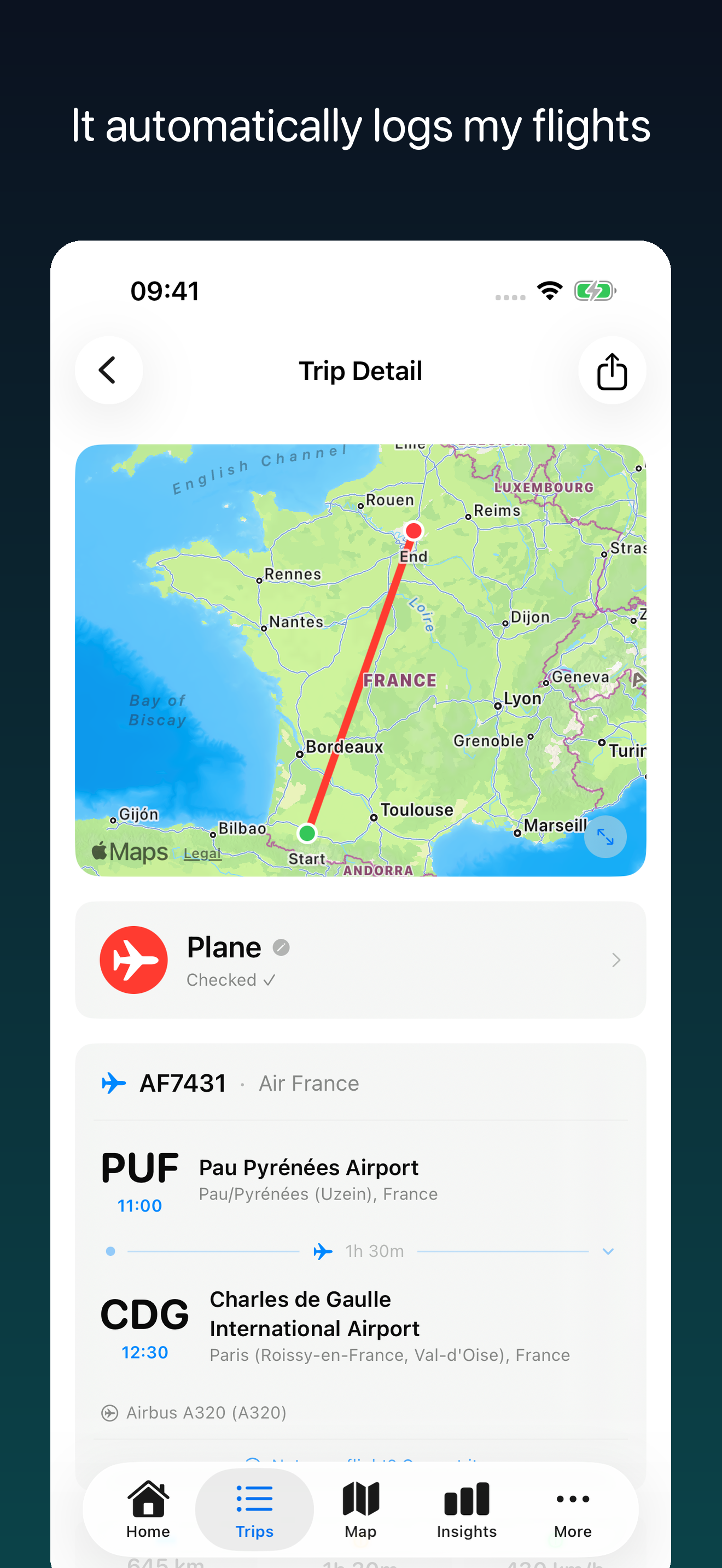 Flight AF7431 from Pau to Paris drawn on a map inside Miles, captioned: It automatically logs my flights