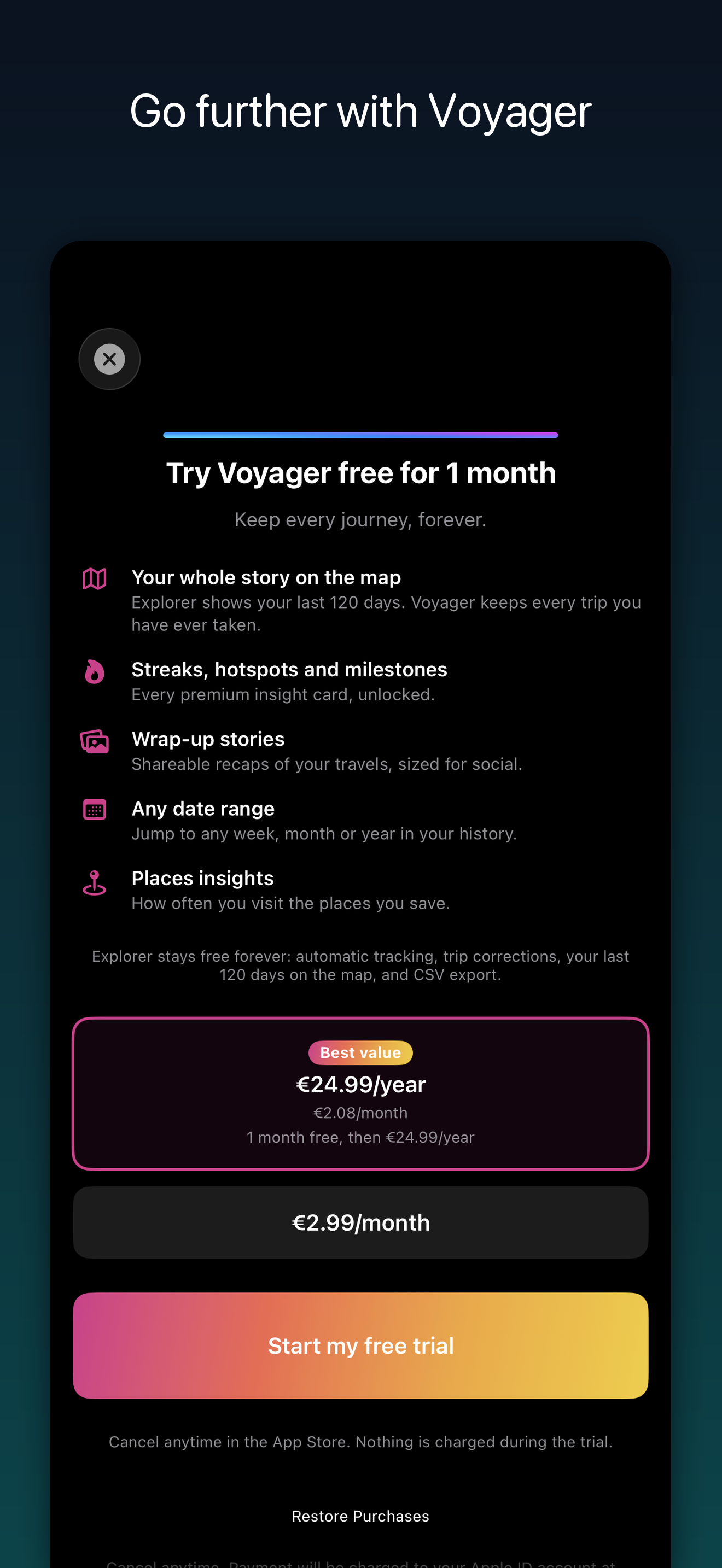 The Voyager subscription screen